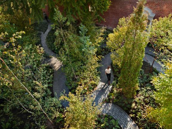 Birds-eye's view of  the monk’s garden at the  Isabella Stewart Gardner Museum