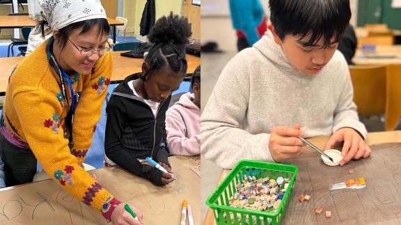 Left: a person wearing a yellow shirt helps a child create art; right: a child creates art.
