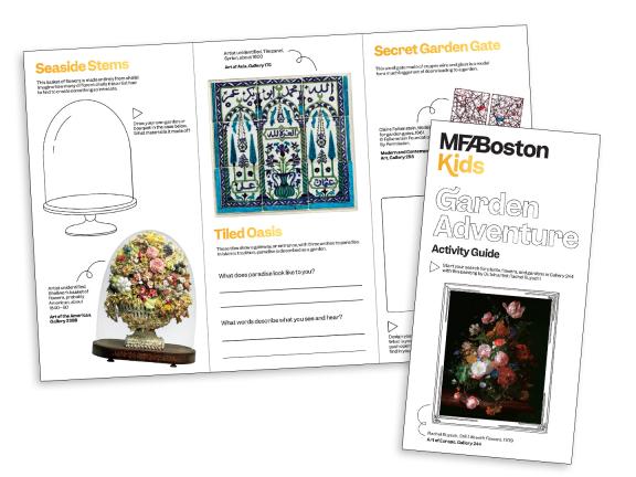 Sample cover and interior of a garden-themed activity guide for children