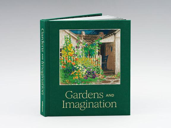 Image of book cover, Gardens and Imagination. A dark green cloth cover with an image of a block print with yellow, orange, and purple flowers and greenery in front of an adobe home. 