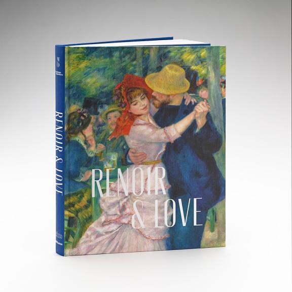 Book cover image for Renoir and Love, featuring a couple dancing. A woman wearing a red hat and light pink dress dances with a man wearing a blue suit and straw hat. Other people socialize in the background.