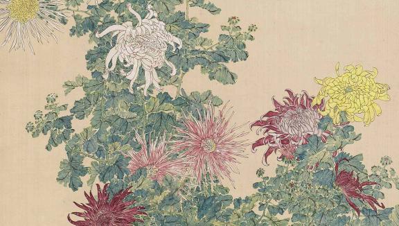 Painting of bright purple, yellow, red, pink, and white chrysanthemums.