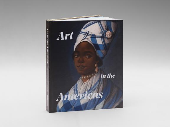Image of book cover, Art in the Americas, featuring a pastel portrait of a Black woman. She is finely dressed in a matching blue-and-white head wrap and dress, and pearl and gold earrings and necklace.