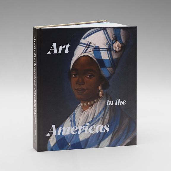 Image of book cover, Art in the Americas, featuring a pastel portrait of a Black woman. She is finely dressed in a matching blue-and-white head wrap and dress, and pearl and gold earrings and necklace.