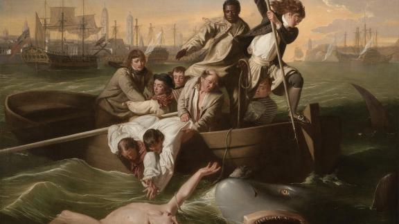 detail of Copley painting depicting men on rowboat trying to rescue person in water from shark