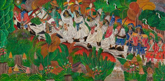 Detail of a vibrantly colored scene with figures in white clothing surrounded by tropical foliage