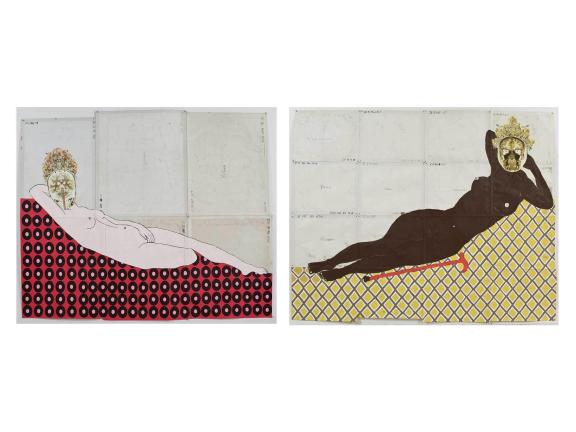 Two paintings depicting nudes wearing elaborate masks that cover their entire head, both reclining on slopes of textured pattern