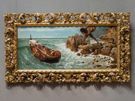 An oil painting in an ornate gold frame depicts a scene from the Odyssey of the hero Odysseus taunting the cyclops Polyphemus