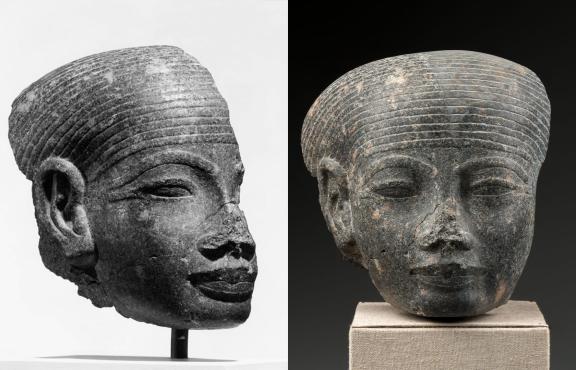 A weathered stone head of a person that is fragmented.