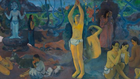 Detail of painting depicting a community of people of various ages in a tropical forest landscape; person at center is reaching up for a fruit in a tree