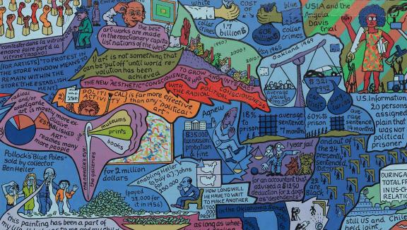 A densely packed cartoon map with lots of colors, speech bubbles, and other illustrations.