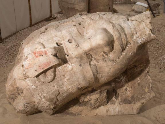 A large alabaster sculpture of a pharaoh's head fallen on its side and in a state of ruin.