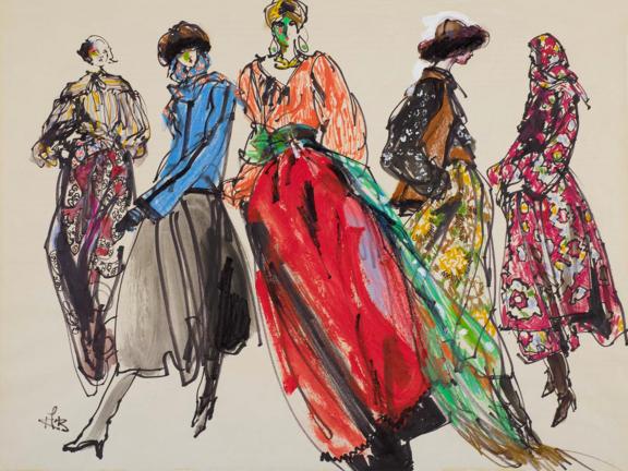 Kenneth Paul Block, Five female models in extravagant luxurious peasant-style costumes, 1976
