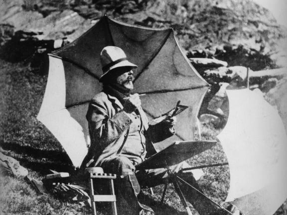 Photograph of John Singer Sargent painting a watercolor in the Simplon Pass