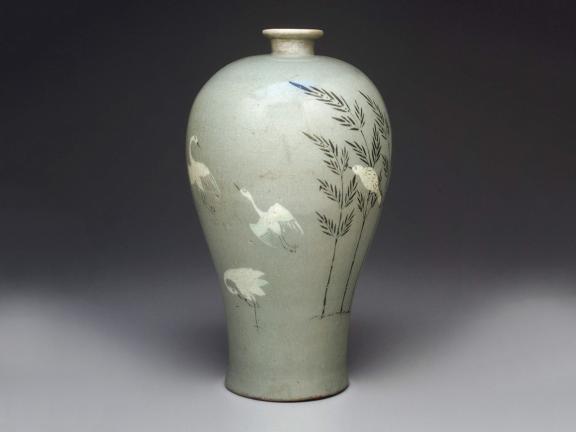 Korean, Goryeo dynasty, Prunus vase with inlaid bamboo and cranes, early 13th century