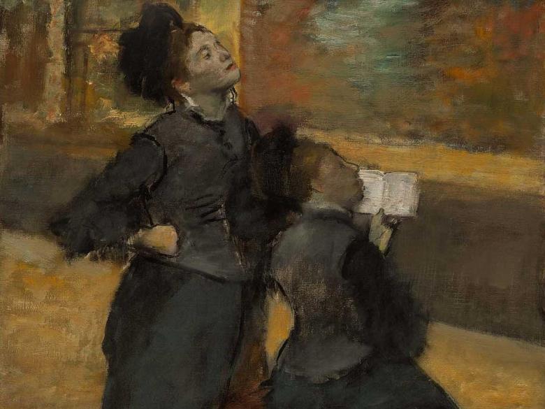 Degas painting depicting two women looking at art in gallery