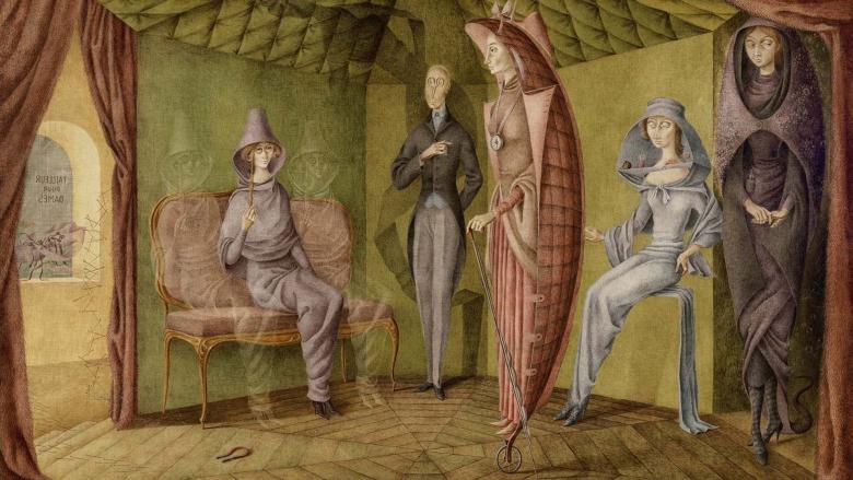 detail of painting of four women and one man in a room; two specters flank one of the seated women