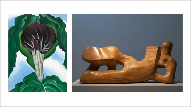Left: a painting of a green flower petal; right: an abstract reclining figure in wood.
