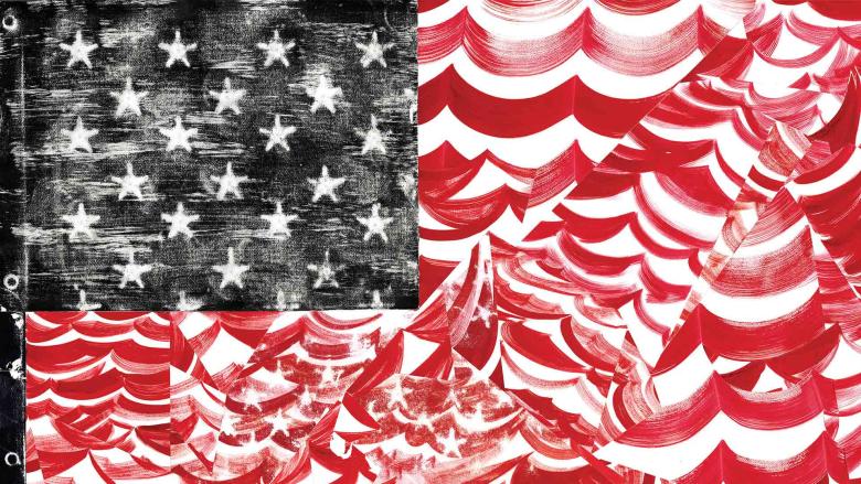 An abstracted American flag with crooked stripes and roughened stars.
