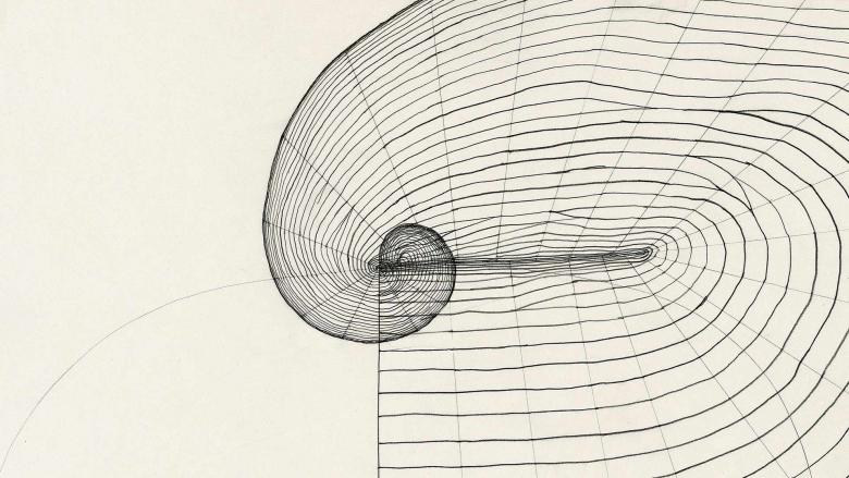 A black line that curves to a point, overlayed with webbing to create an illusion of three dimensionality.