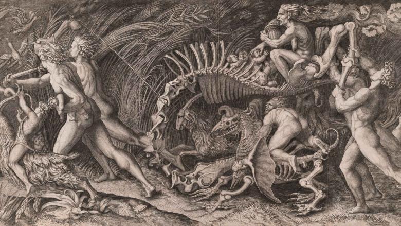 Nude figures in a field shepherd and ride an elaborate structure made out of bones.