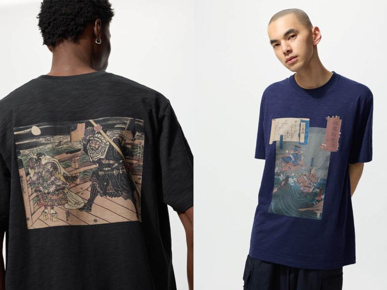 Two men modeling UNIQLO t-shirts featuring Japanese prints