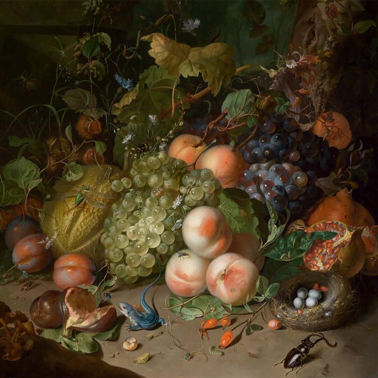 Against a dark background, a table of tropical fruit, flowers, and insects are arranged in an ornate display.