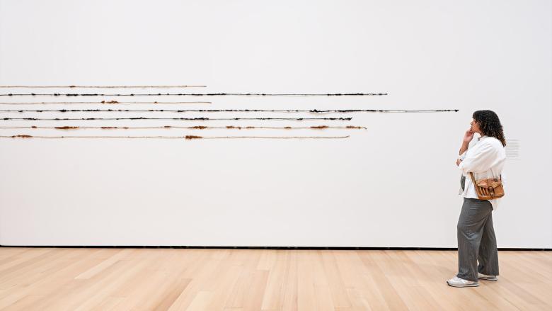 Visitor in white shirt and brown purse looks at installation on gallery wall composed of horizontal strings of fabric interspersed with fuzzy bunches