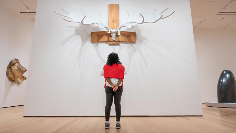 Visitor with red sweater around shoulders looks up at sculpture on wall made of large antlers mounted on animal skull