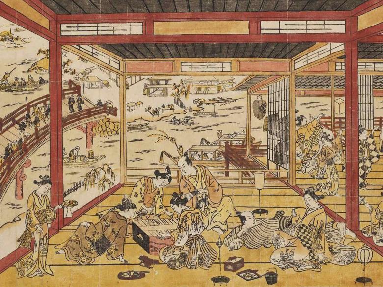 Okumura Masanobu, Enjoying the Cool of the Evening at Ryōgoku Bridge, an Original Perspective Print (Ryōgoku-bashi yūsuzumi uki-e kongen), published by Okumuraya Genroku, Edo period, about 1745