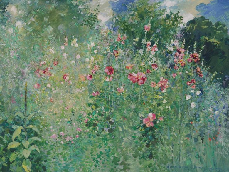 Impressionistic watercolor painting depicting tall grasses and red flowers with trees in background