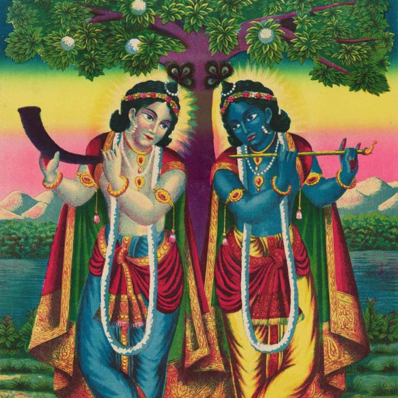 Detail of colorful Hindu print of two women in contrasting clothes and skin color, both holding wind instruments and standing on either side of a fruit tree, with a field, mountains, and bright sky with blues, yellows, and pinks in the background