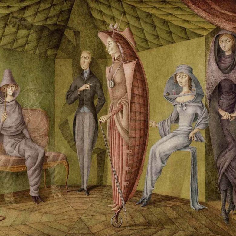 detail of painting of four women and one man in a room; two specters flank one of the seated women