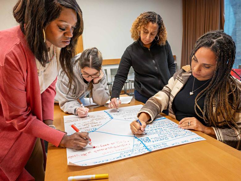 Four educators gather around a table and collaborate on a poster board presentation