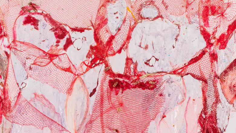 An abstract pink composition with veins of red.