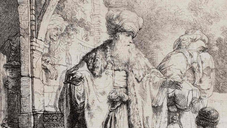 Black-and-white etching of a bearded man in a robe standing before a dog, a crying woman, and a child.
