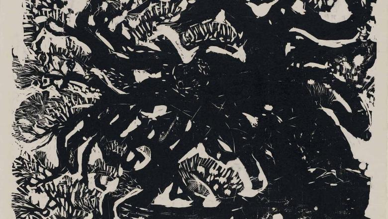 Black woodblock print of an abstracted tree.