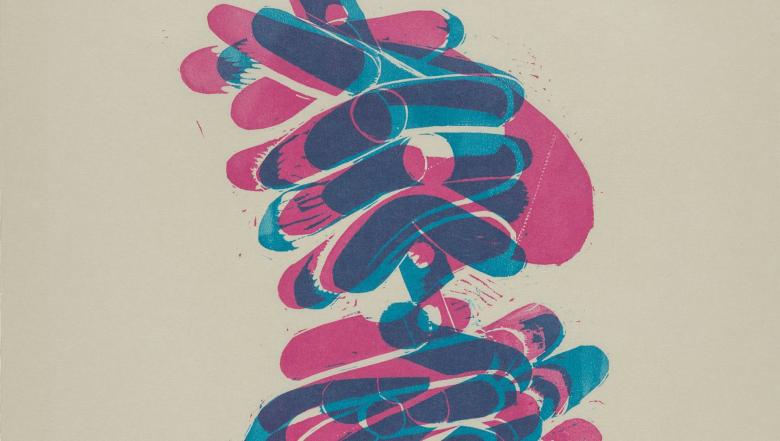 Woodblock print of abstracted hands with fingers laced.
