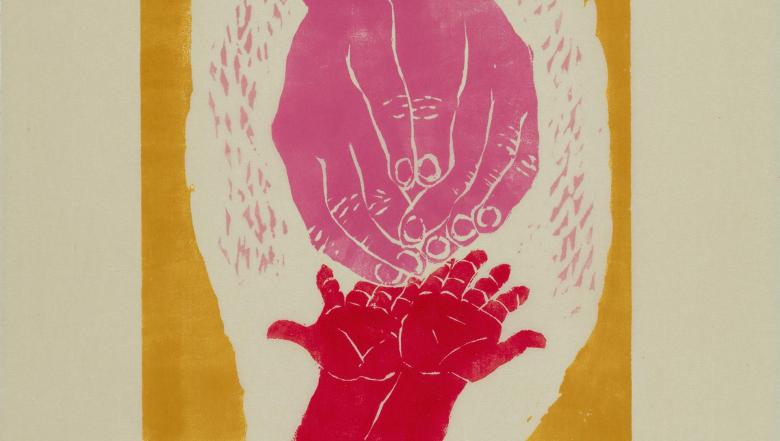 A pair of pink adult hands reaches out toward outstretched children's hands.