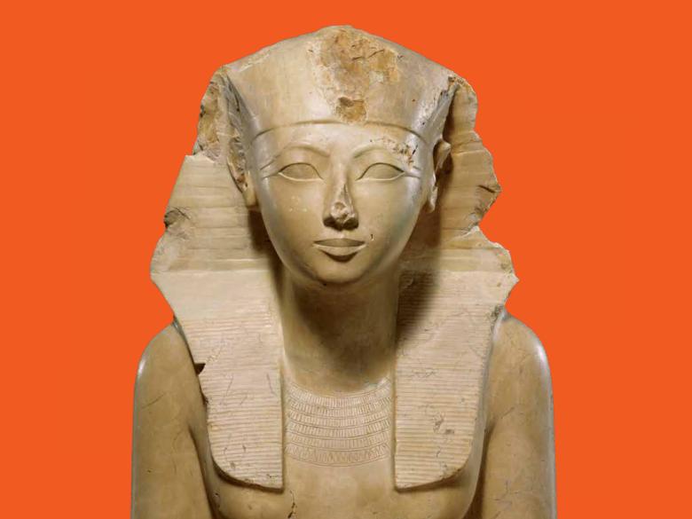 Unknown artist, seated statue of Hatshepsut (detail), Egyptian, New Kingdom, Dynasty 18, joint reign of Hatshepsut and Thutmose III, about 1479–1458 BCE. Indurated limestone, paint. The Metropolitan Museum of Art, New York; Rogers Fund, 1929. Image copyright © The Metropolitan Museum of Art. Image source: Art Resource, NY.