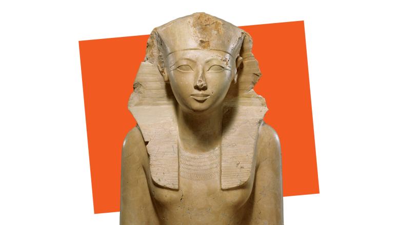 A limestone sculpture of an elegant Egyptian pharaoh in a headdress, cut off from the torso up, in front of a square orange background.