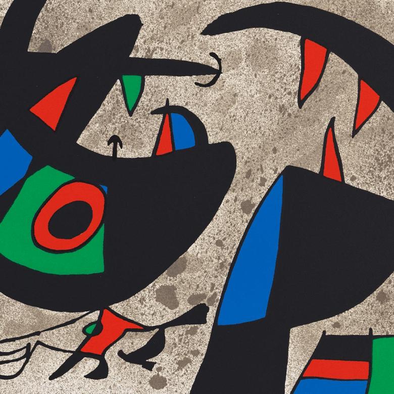 Abstract black-line drawing with bursts of red, yellow, green, and blue.