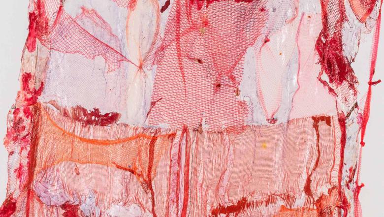 An abstract pink composition with veins of red.