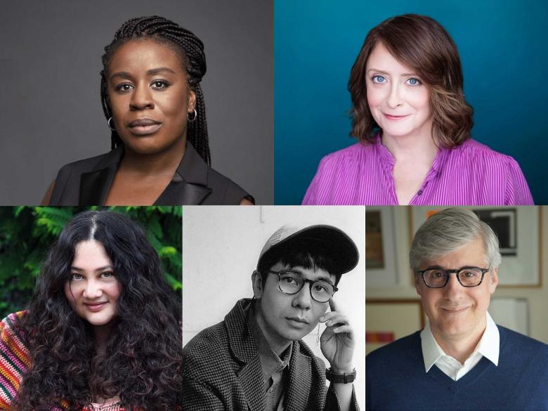 Composite of headshots, clockwise from top left: Uzo Aduba, Rachel Dratch, Mo Rocca, Ocean Vuong, and Gabrielle Zevin.